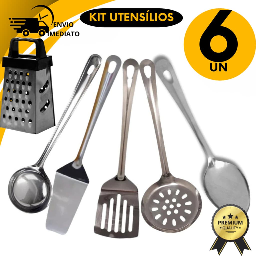 Kit Utensílios 6 Peças Inox Concha Espatula Escumadeira Colher de Arroz Espatula Vazada