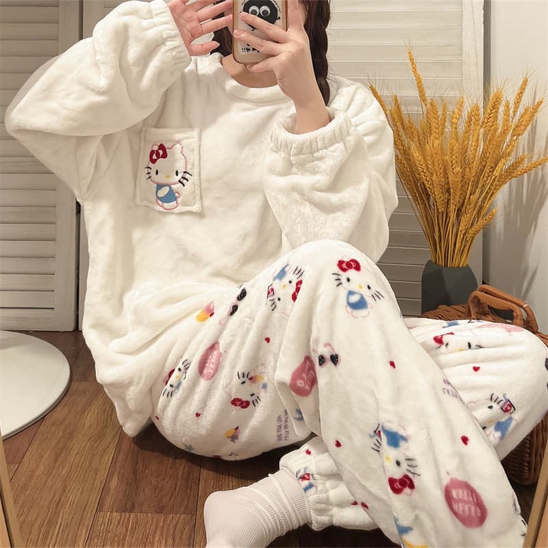 Conjunto de Pijamas de Coral Fleece para Mulheres Inverno Espessado Novo Hello Kitty Solto Quente Outono Inverno Conjunt