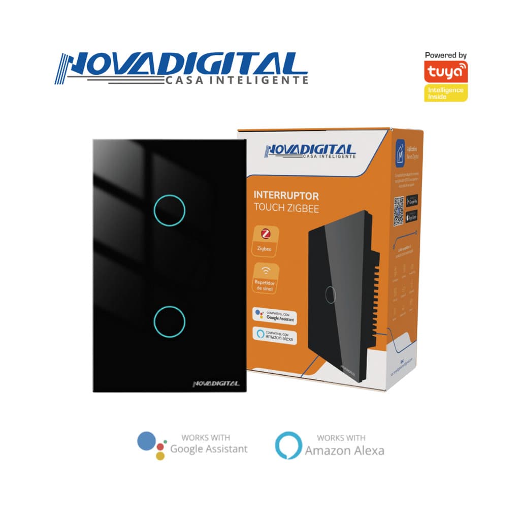 Interruptor 2 Botões Preto Touch Zigbee Novadigital Tuya