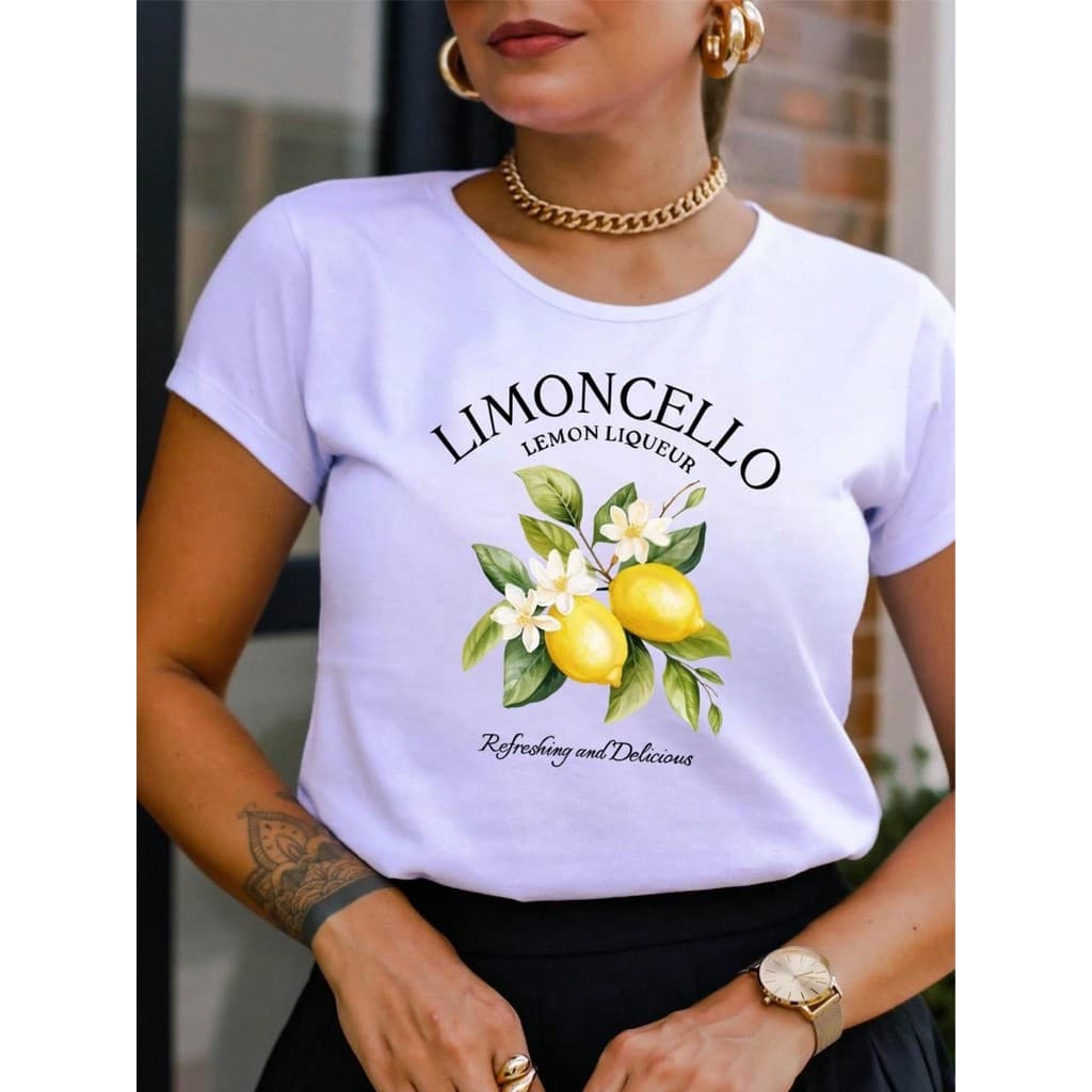 Camiseta T-shirt Básica Feminina Limoncello Drink Lemon 100% Algodão Estampada