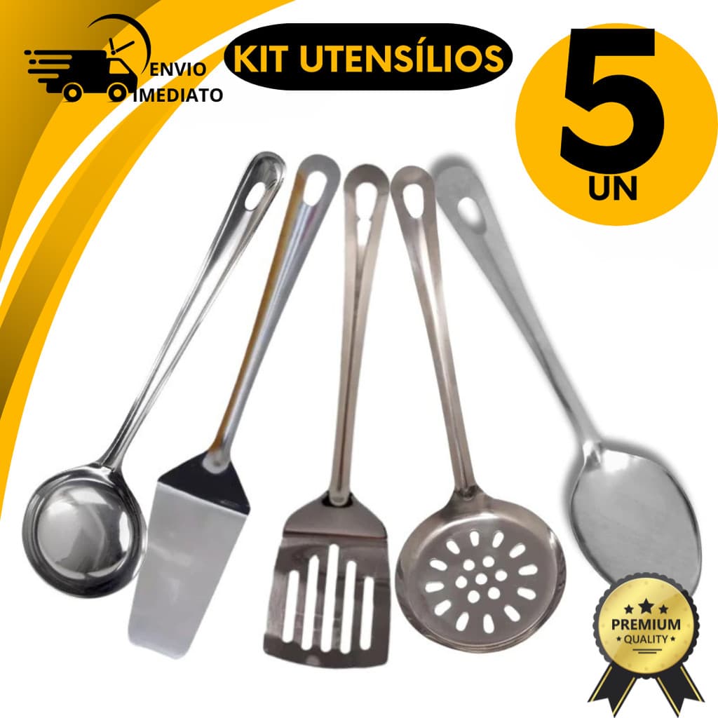 Kit 5 Utensílios Cozinha Inox Concha Espátula Escumadeira Colher de Arroz