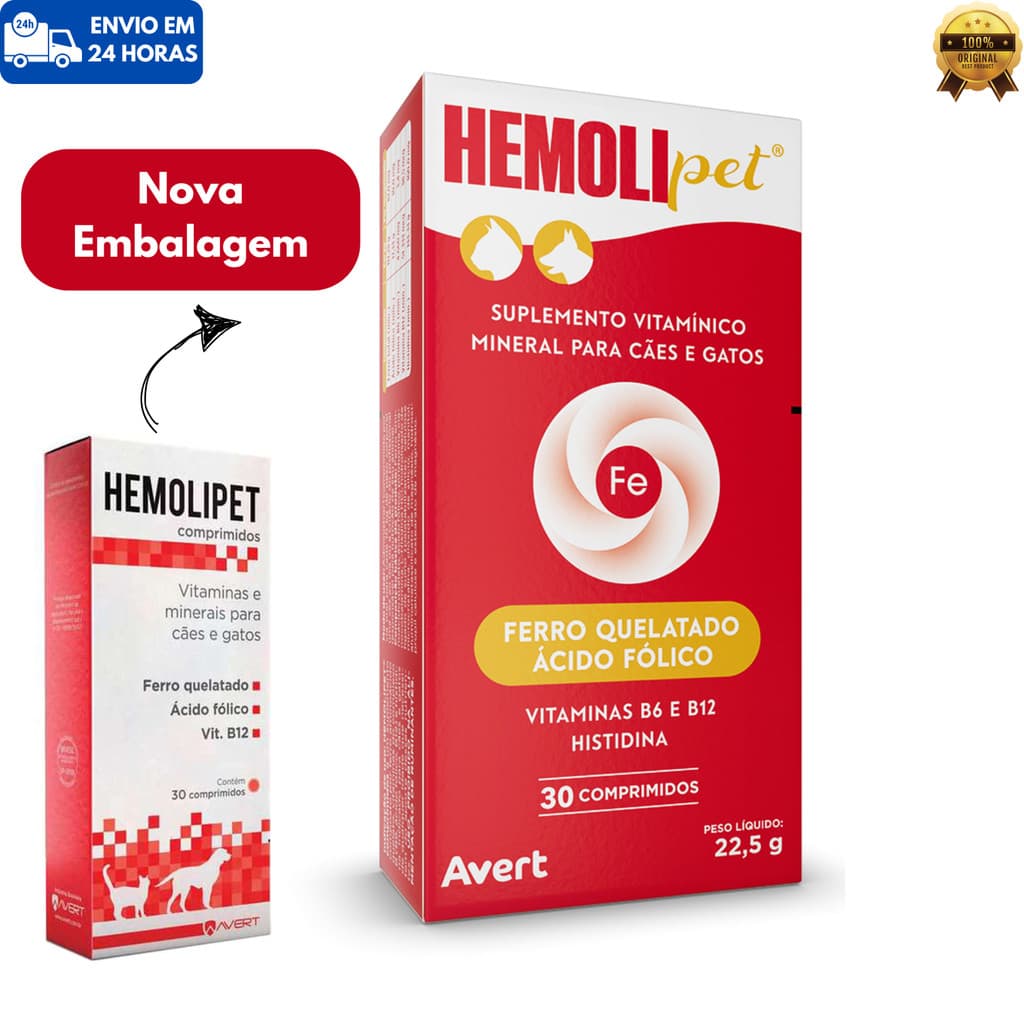 Kit 1/2/3/4 Suplemento Hemolipet 30 Comprimidos Cães e Gatos 30 Comprimidos Ferro Quelatado Anemia Acido Folico