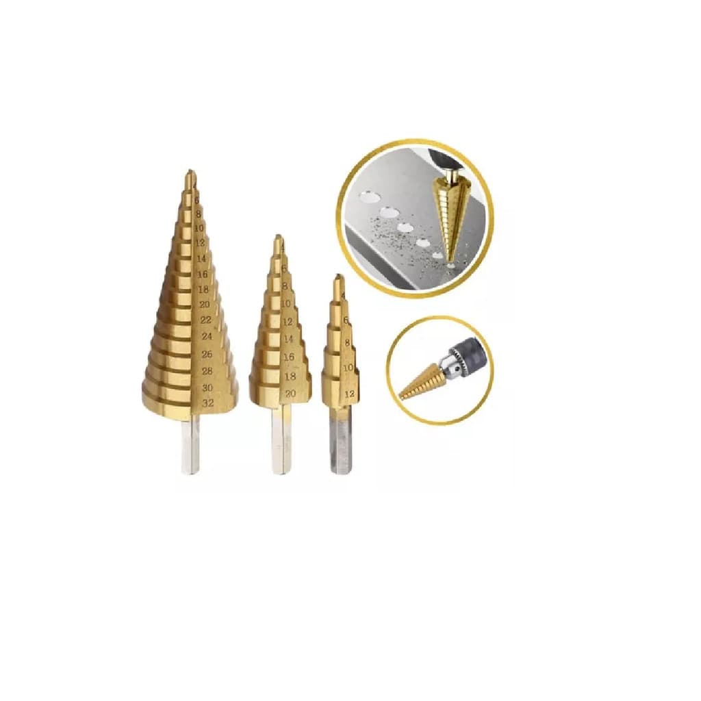 Kit 3 Brocas Escalonadas Espiral Titânio Cônica 3-12 / 4-12 / 4-20 Metal