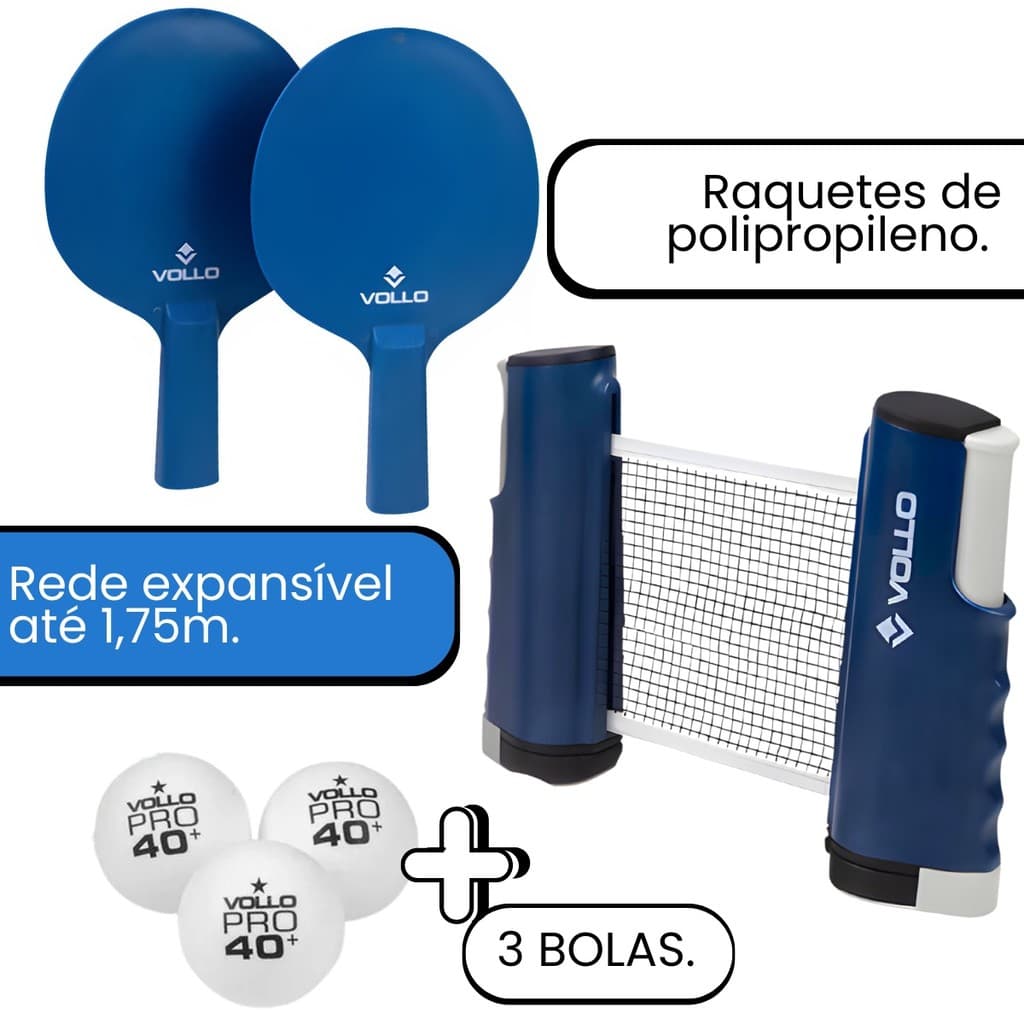 Kit Tênis de Mesa Ping Pong Vollo Pro Rede retrátil +3 Bolas