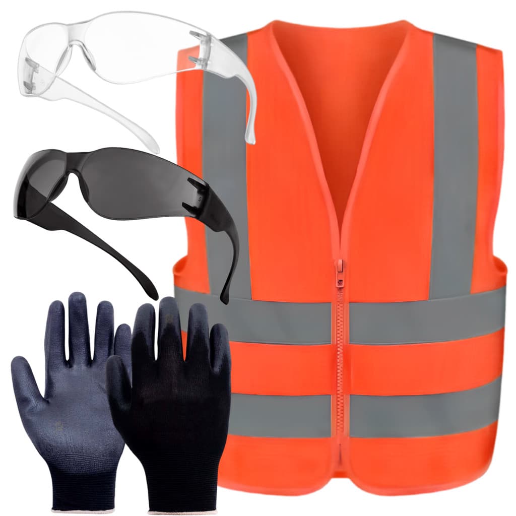KIT Entregador Colete Laranja G, Luva G, Óculos Incolor e Cinza