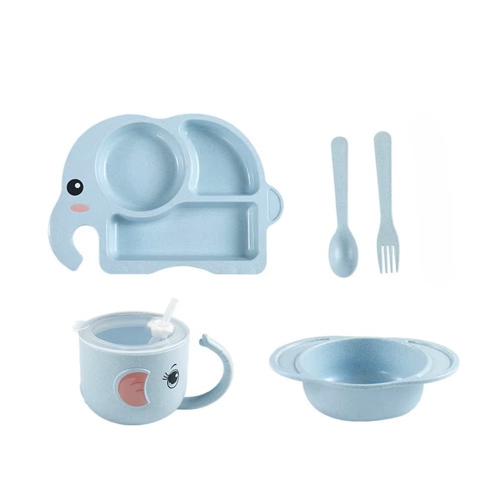 Kit Refeição Infantil 5 Peças Formato de Elefante Copo c Canudo Prato c Divisórias Talheres Tigela