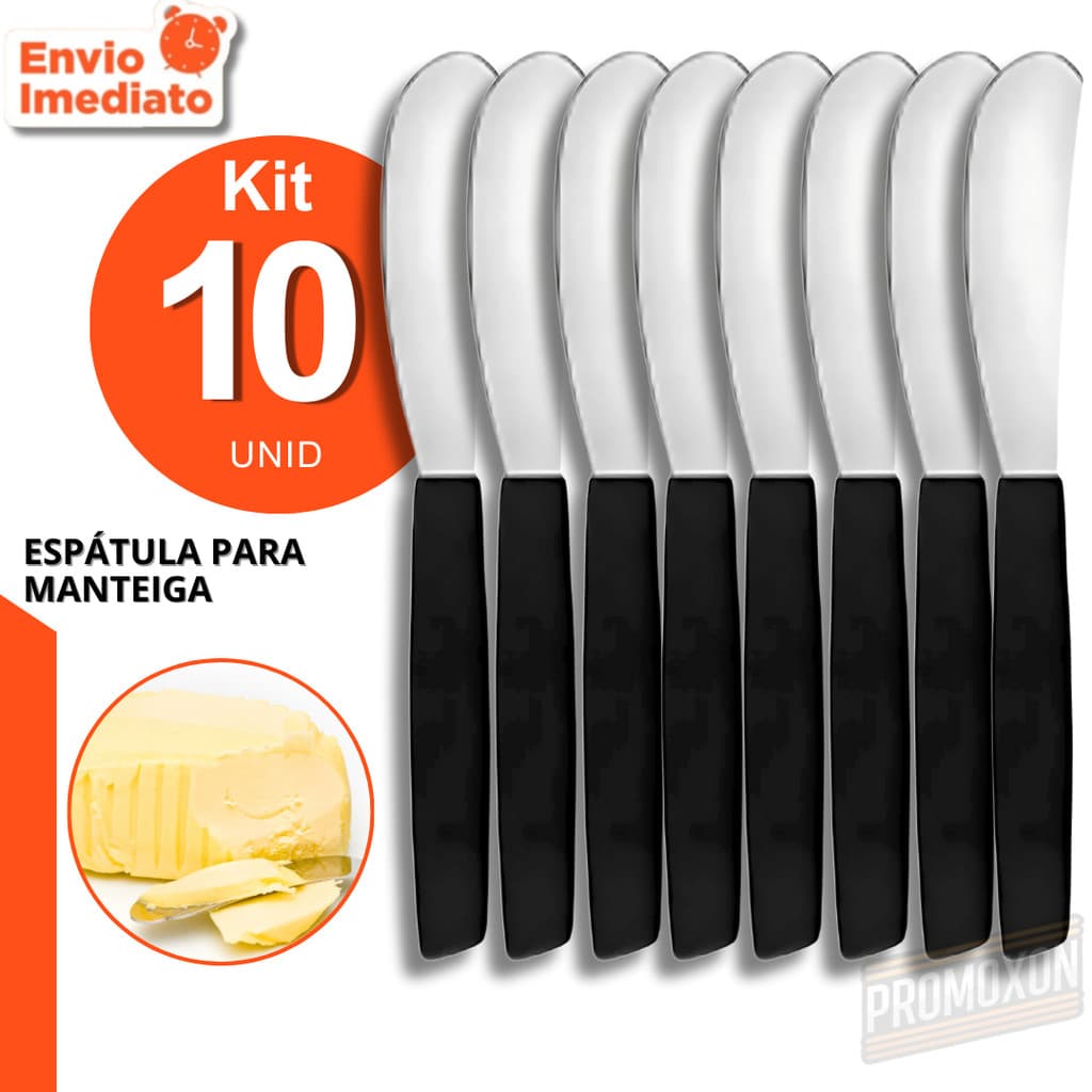 Kit Espátula de Manteiga Inox Cabo Preto Vermelho Geleia Pão Café Cozinha