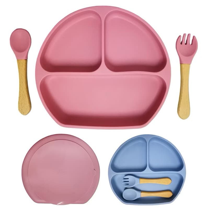 Pratinho Infantil Silicone Ventosa Com Talheres Prato 3 Divisórias Refeição Infantil