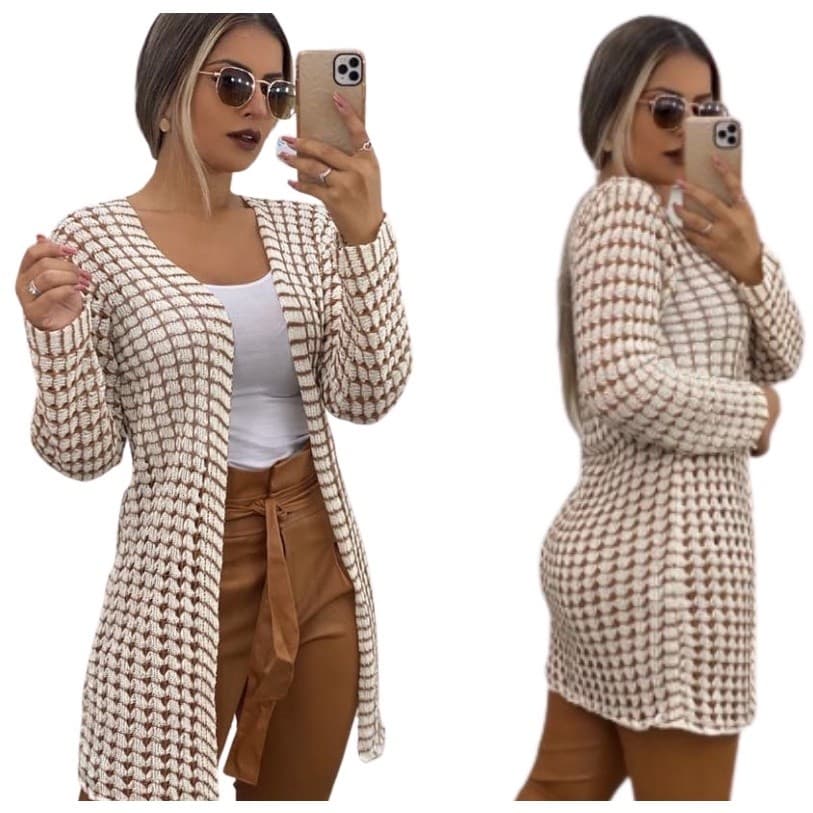 Cardigan Marfim Kimono Manga Longa Feminino Casaco Tricot