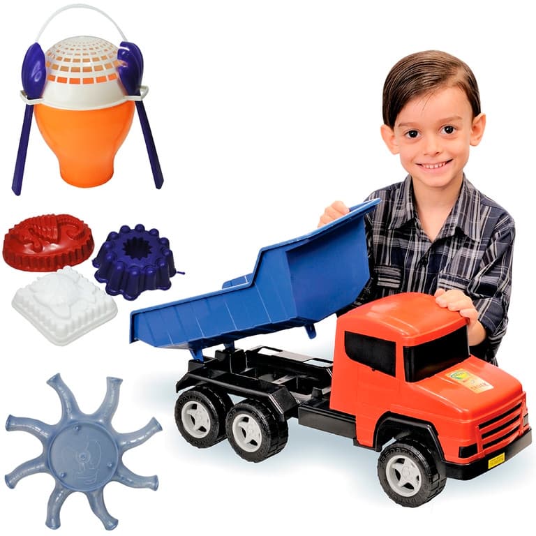 Caminhão Caçamba / Basculante SUPER TRUCK Com Balde De Praia Polvo + Acessórios 8 Pcs