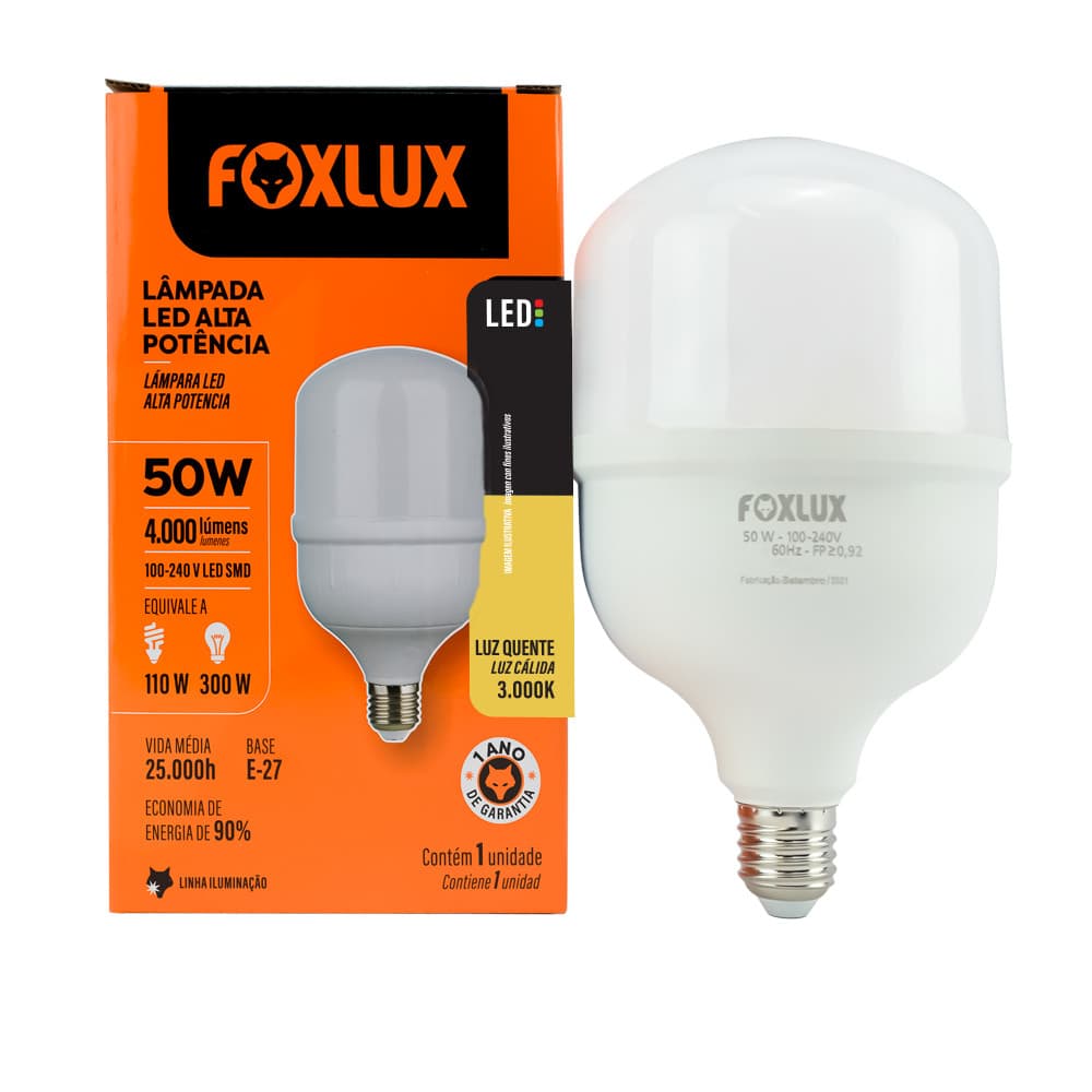Lâmpada LED Alta Potência Foxlux 50W 3000K Branco Quente Bivolt 4.000lm E27 Luz de Conforto