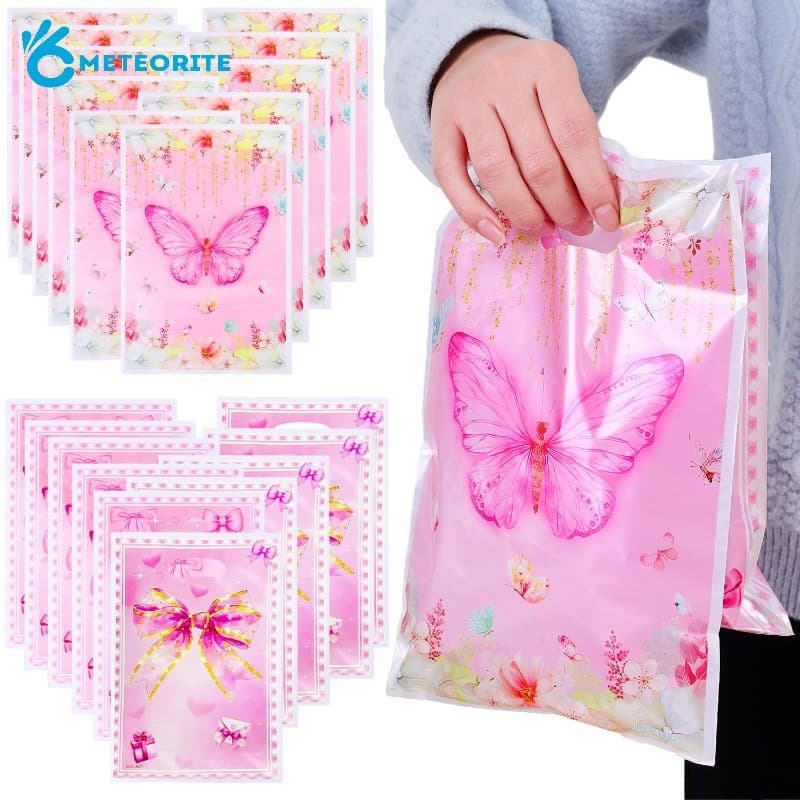 10 Unidades De Saco De Presente De Plástico Borboleta Rosa-Bolsas De Doces Com Laço Doce Para Lembrancinhas De Dia Dos N