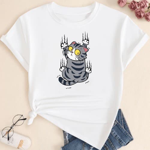 Camiseta Gatinho Pendurado Estampa Blusa Feminina T-Shirt Premium Manga Curta Casual Confort **ENVIO RAPIDO**