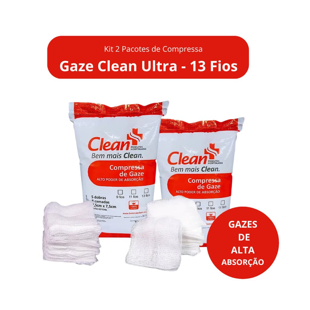 Kit 2 Pacotes de Compressa de Gaze Não Estéril 13 Fios  para Curativo 100% Algodão Alta Absorção  - Clean Ultra