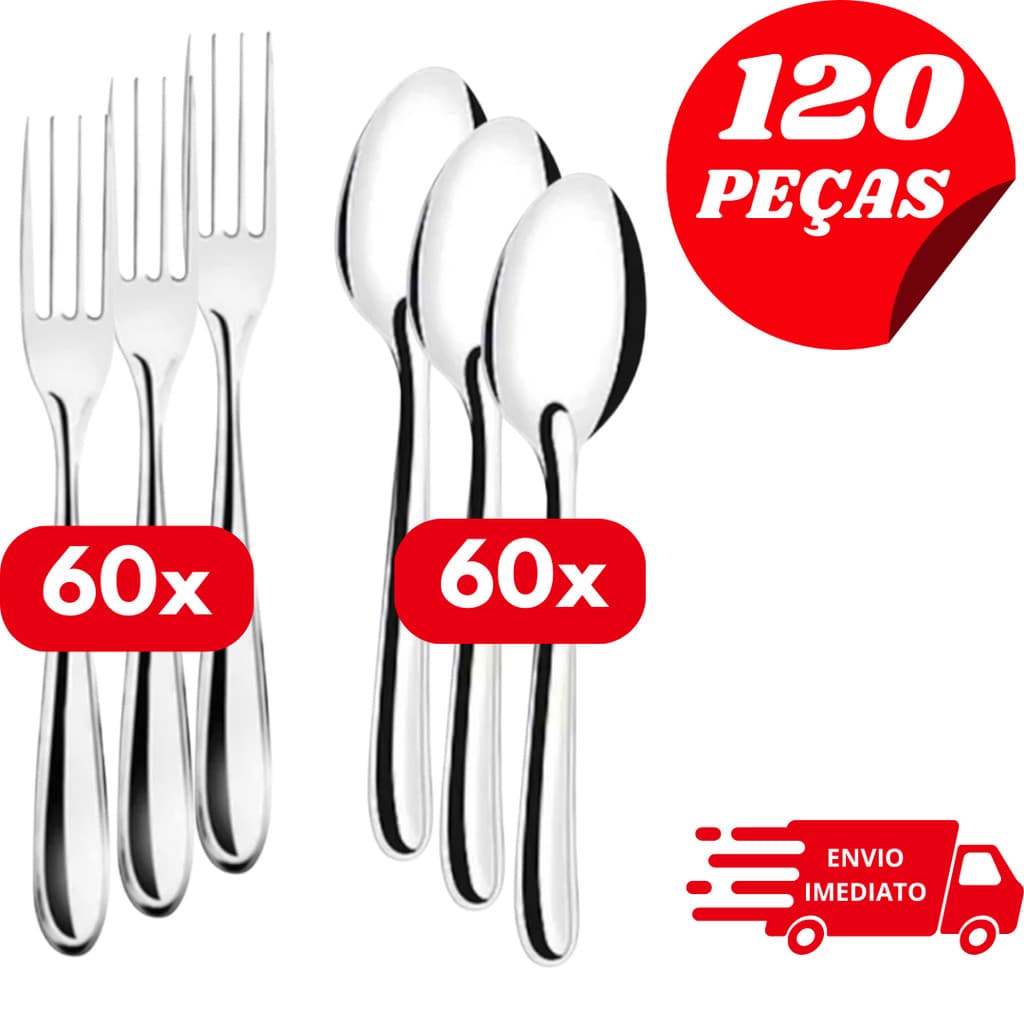 Kit Talheres Inox 120 Peças – 60 Garfos e 60 Colheres de Mesa | Aço Inoxidável Resistente