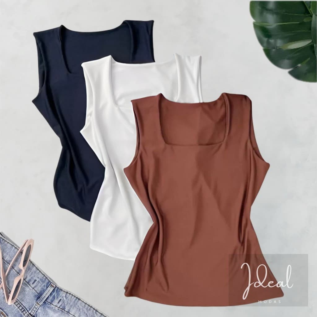 KIT 3 Blusa Regata Feminina Decote Quadrado Reto Em Suplex Premium Liso Lançamento Verão Moda Bloqueia Tendencia