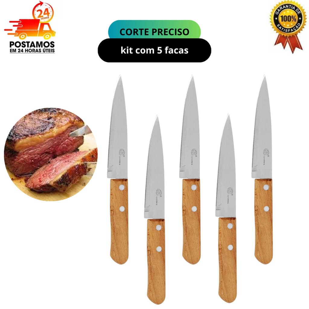 Kit 5 Facas Chef Inox Profissional 5″ Cabo Madeira 24 cm Aço Inoxidável cozinha carne legumes frutas