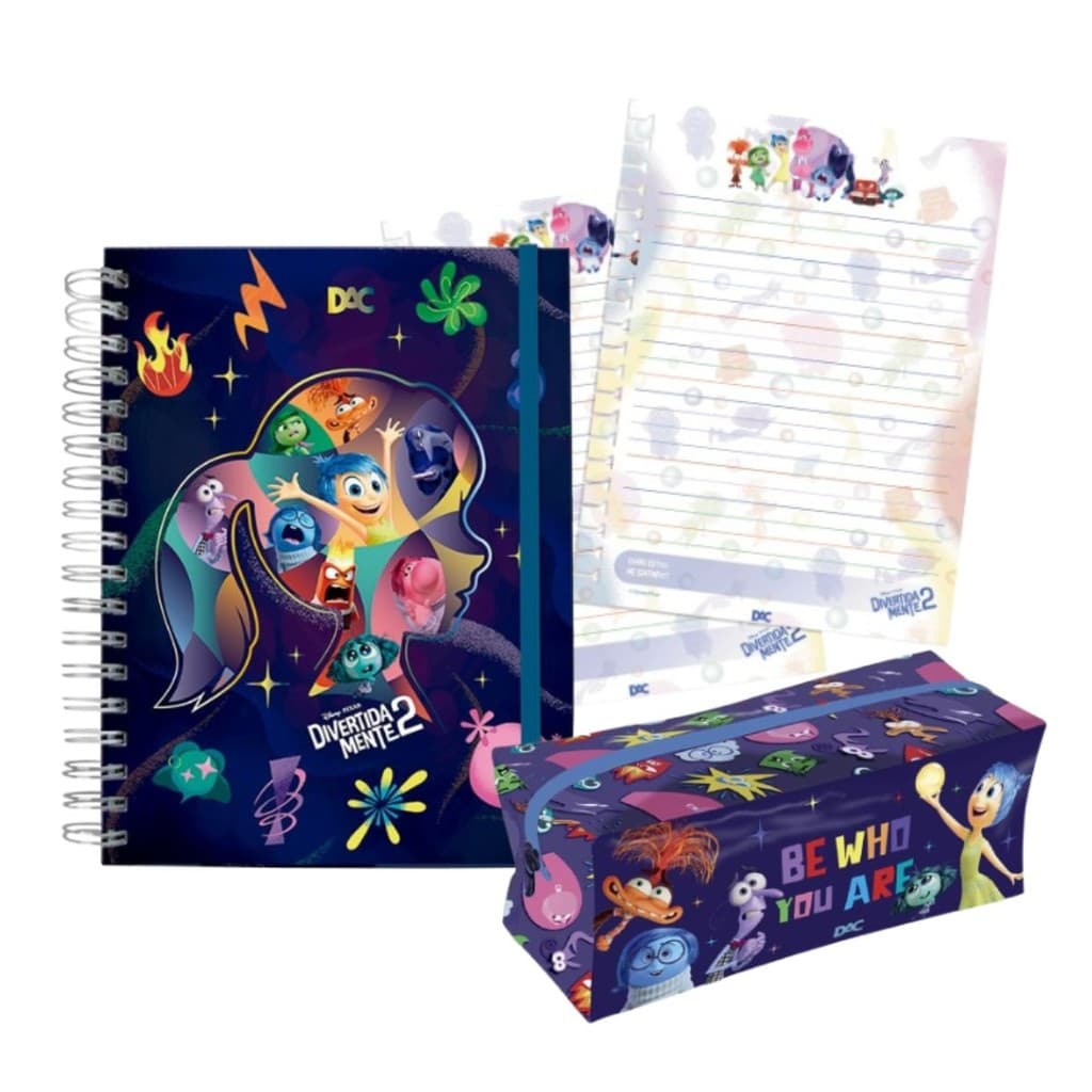 Kit Material Escolar Aula Divertidamente DAC Estojo Grande Caderno Colegial Smart e Refil de Folhas