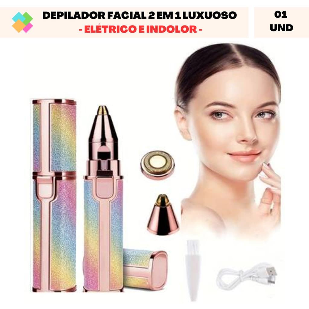 Aparelho Depilador Feminino Facial 2 em 1 Luxuoso Elétrico e Indolor Para Sobrancelha, Buço e Nariz