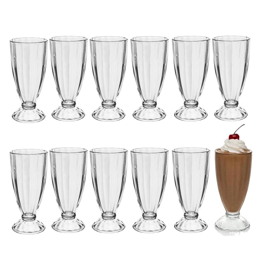 Jogo 12 Copo de Milk Shake Taça de Vidro Transparente Sorveteria 380ml Em Casa Tem