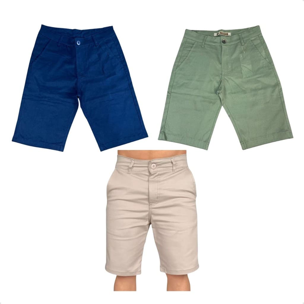 Kit Com 3 Bermudas Masculina De Alfaiataria Sarja Com Bolso Faca De Linha Premium