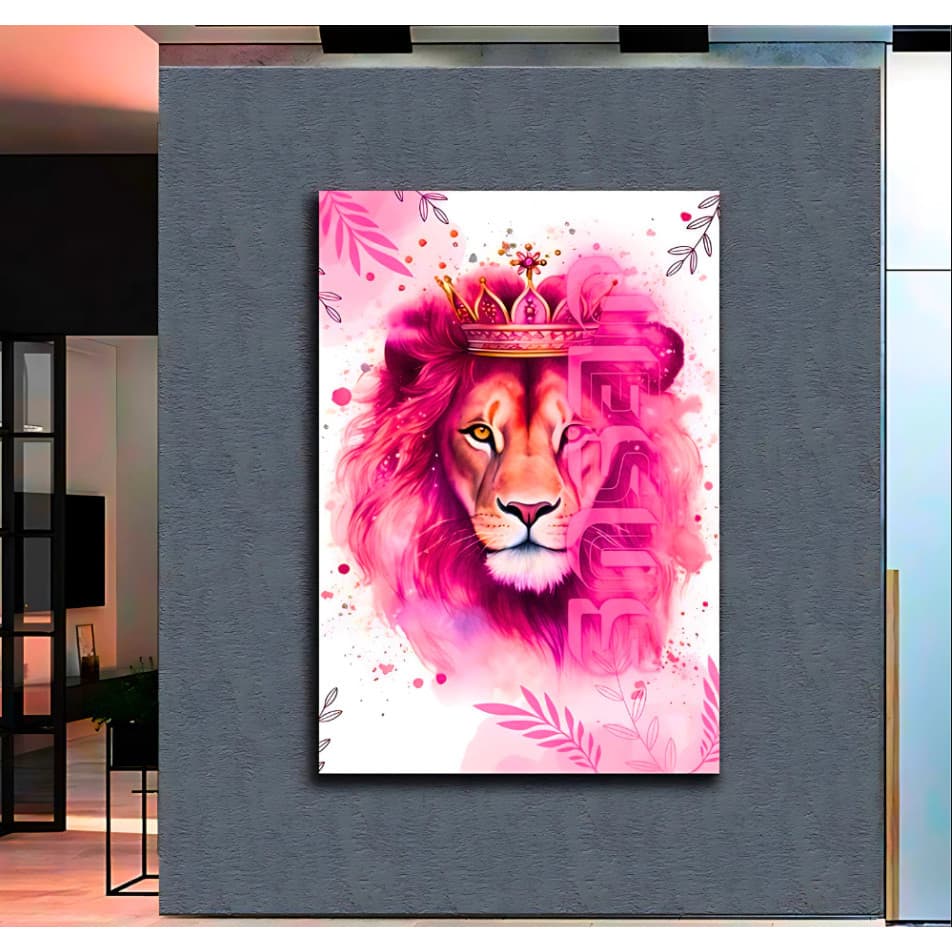 QUADRO TELA DECORATIVA 110X80 LEAO TRIBO DE JUDA COR DE ROSA 4K HALL FULL HD PREMIUM