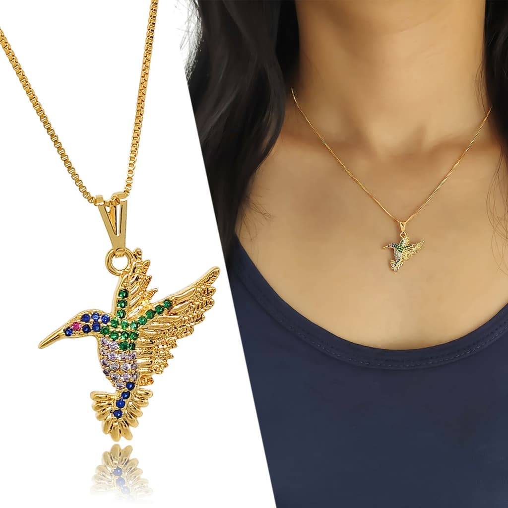 Colar Feminino Lindo Delicado Beija Flor Cravejado Folheado