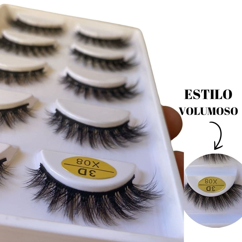 Cartela com 5 Pares de Cílios Postiços 3D X08 efeito volumoso