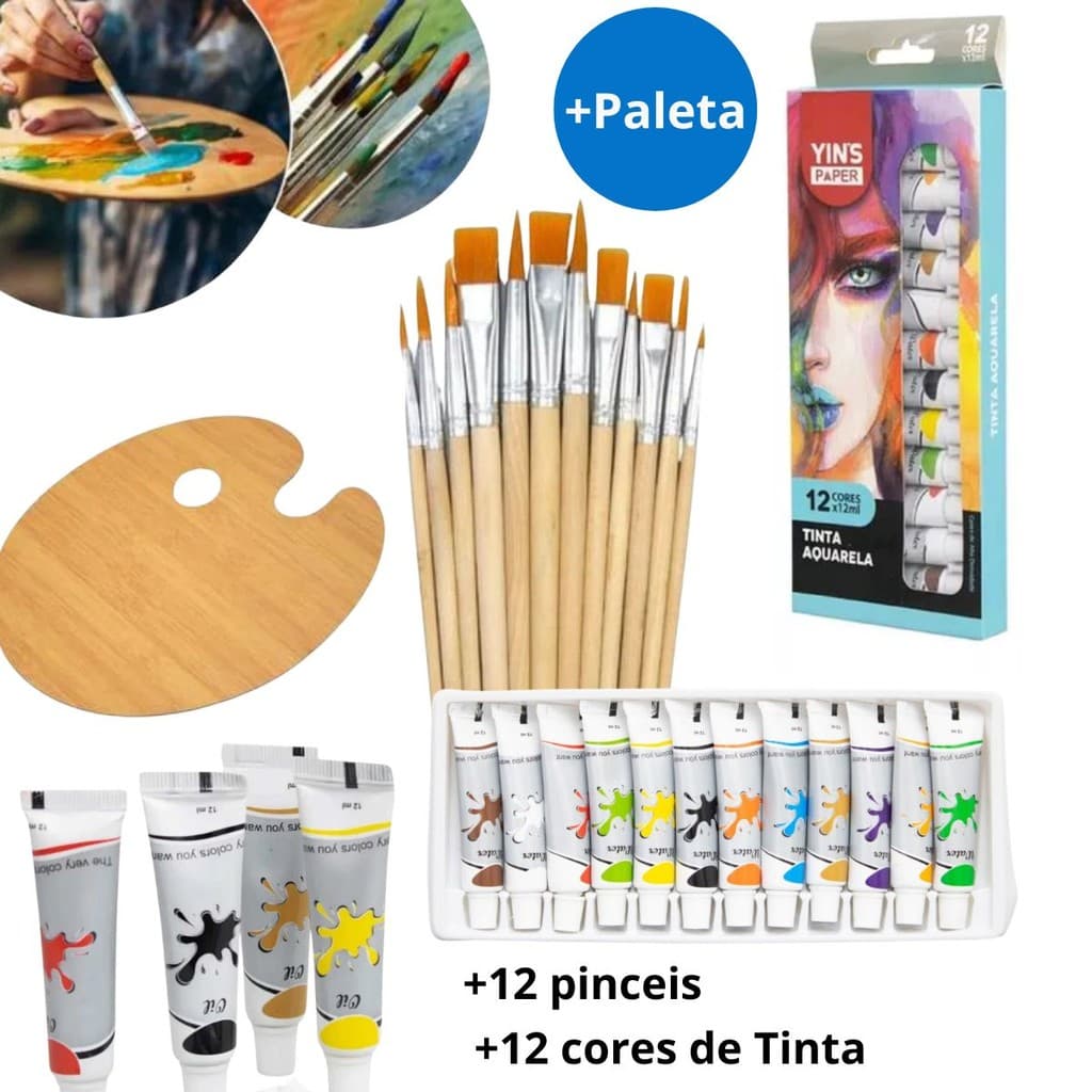 Kit 12 Pincéis Artesanato Pintura + 12 Cores de Tinta Aquarela + Paletas Pintura