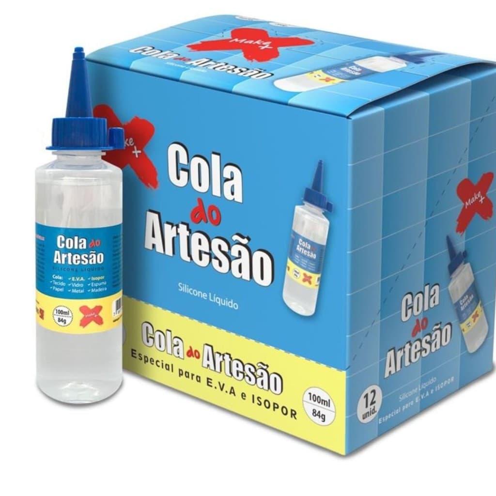 Caixa com 12 unidades Cola do Artesão para Eva Isopor Artesanato de Silicone Líquida 100ml Make+