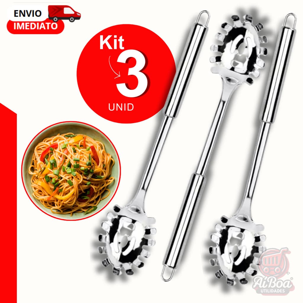 Kit 3, 2 ou 1 Peça - Pegador de Macarrão Inox com Dentes – Tipo Colher para Servir Massas