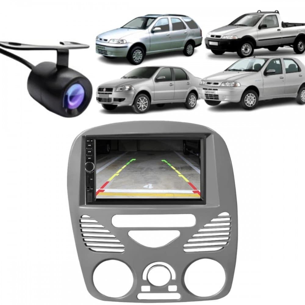 Central Multimídia 2 Din Mp5 Fiat Palio G3 Câmera Moldura Cinza