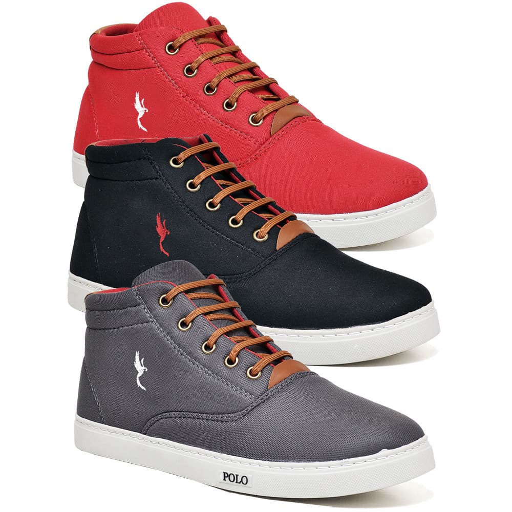 Kit 3 Pares Tenis Sapatenis Masculino Sapatenis Cano Alto Bota Vermelho Preto e Cinza