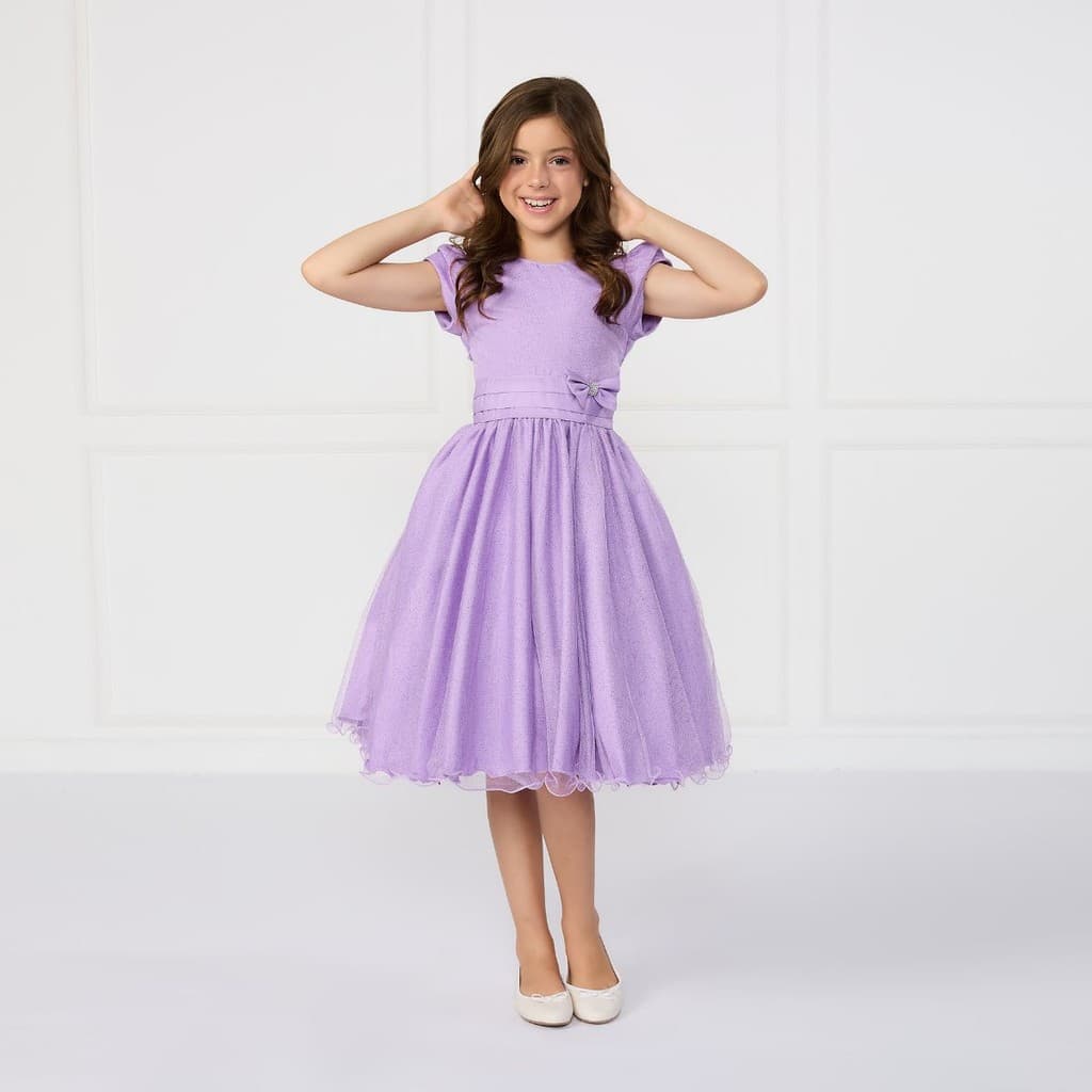 Vestido Glitter Nervura Brilho Lilás Infantil Princesa Luxo Menina