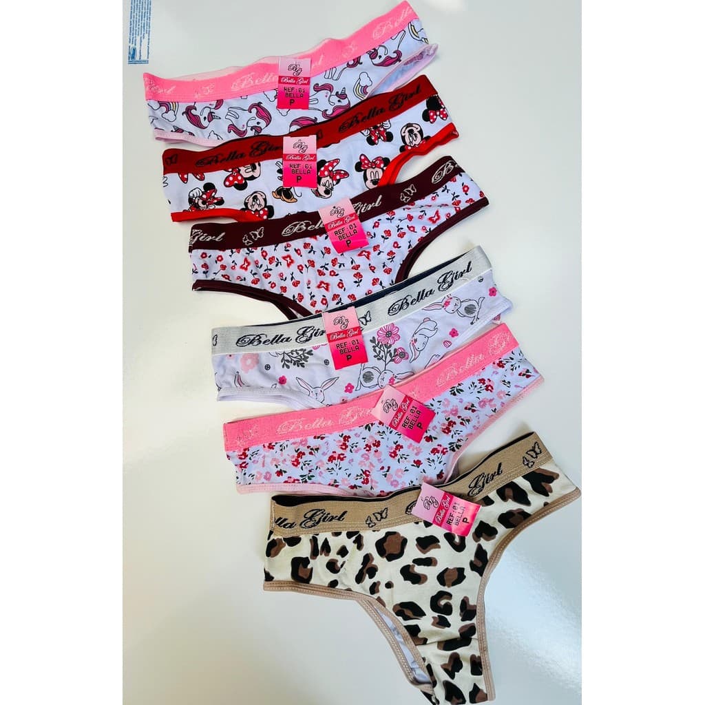 Kit com 5 Calcinhas Tanga Algodão Cós Largo Elástico Estampada Feminina