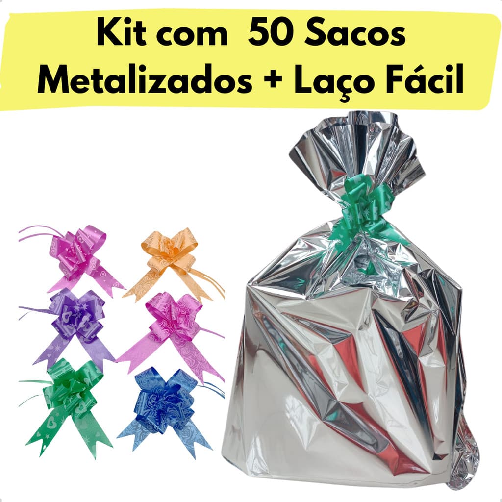Kit 50 Saco Metalizado Presente 50X70 Com Fita Laço Facil