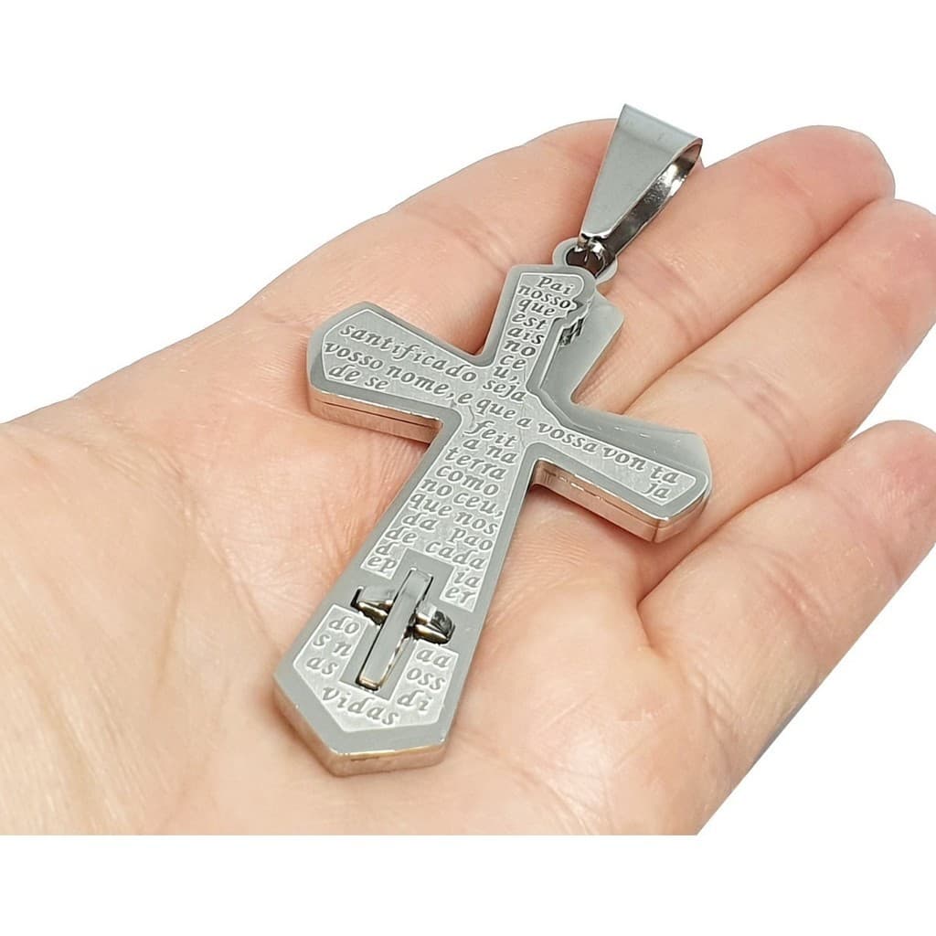 Pingente Crucifixo Masculino Cruz Grande Pai Nosso Aço Inox