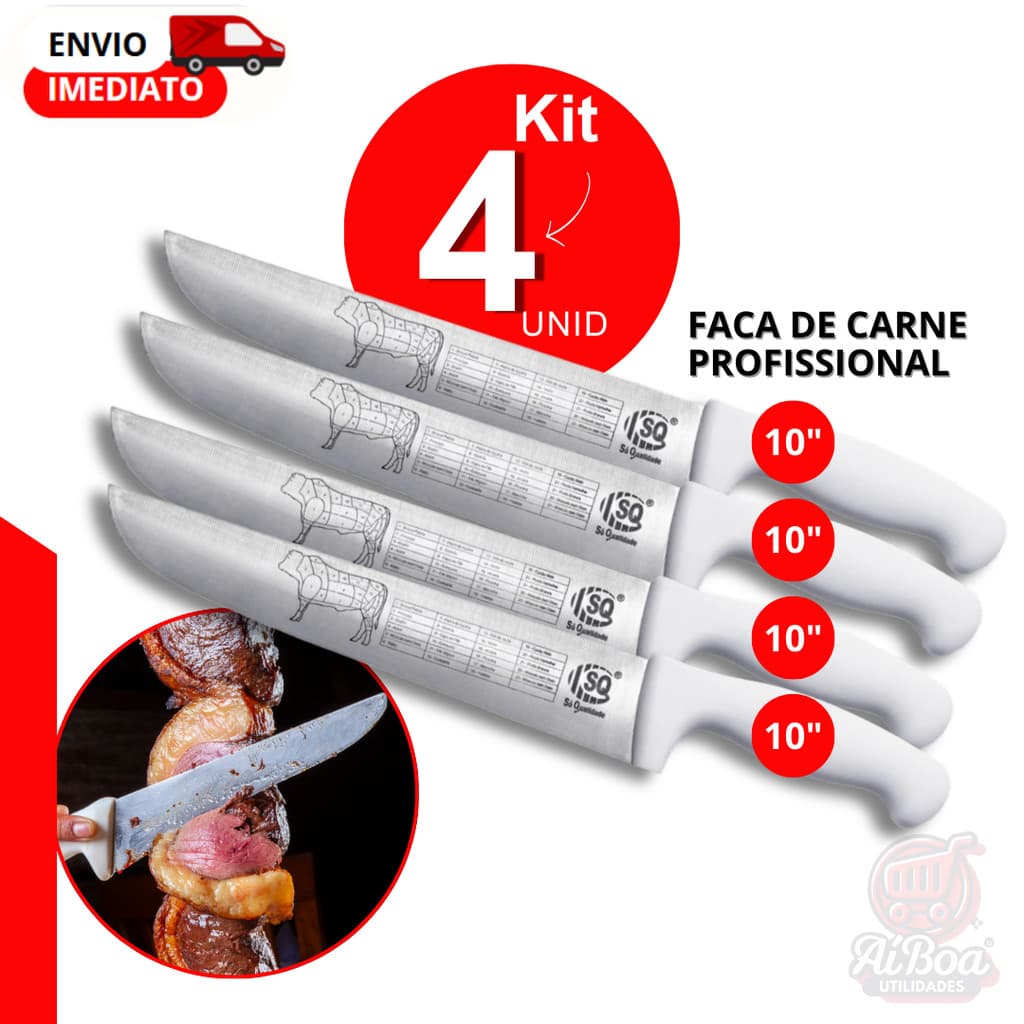 Kit 4, 2 ou 1 unid - Faca Profissional 10" Aço Inox Corte de Carne Churrasco Cozinha Chef Cabo Branco