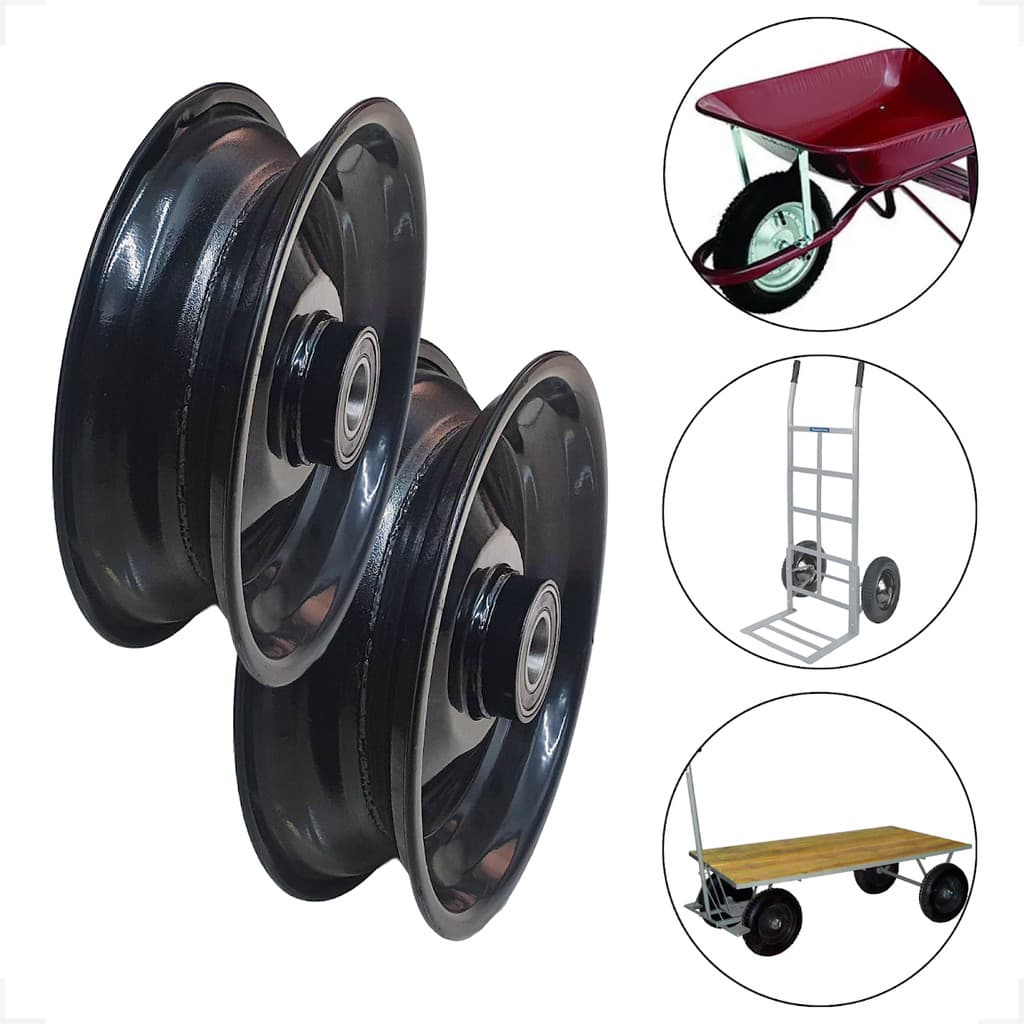 02 Roda Aro 8 C/ Rolamento 6205 Carretinha Moto Carriola Reforçada Alta Durabilidade Resistente