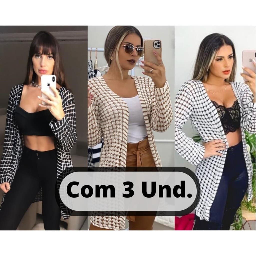 Kit 3 Casaquinhos Cardigan Manga Longa Versatil