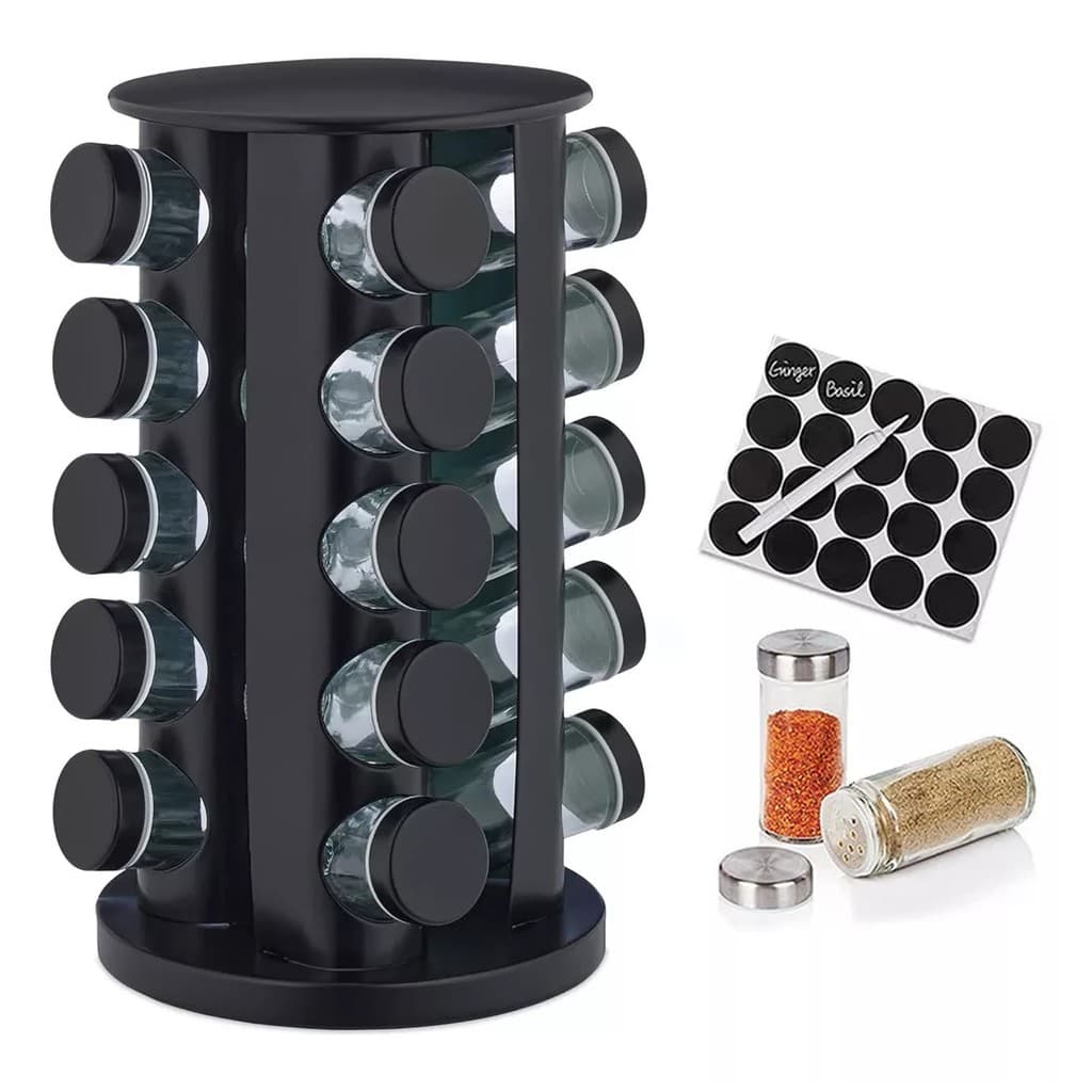 Porta Tempero Condimento Preto Fosco 20 Peças Suporte Giratório + Etiquetas Inclusas Shark Blue