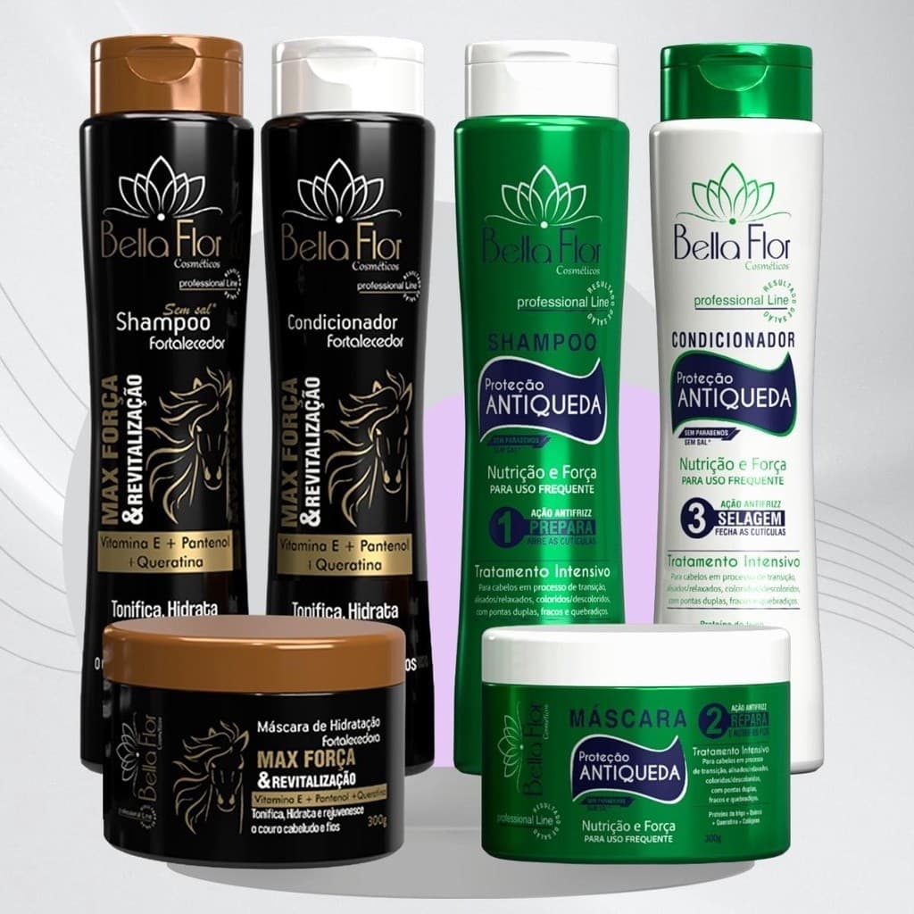 2 Kits Capilares Max Força e Anti-Queda 6 Produtos Shampoo Condicionador Máscara Bella Flor Fortalecimento Brilho