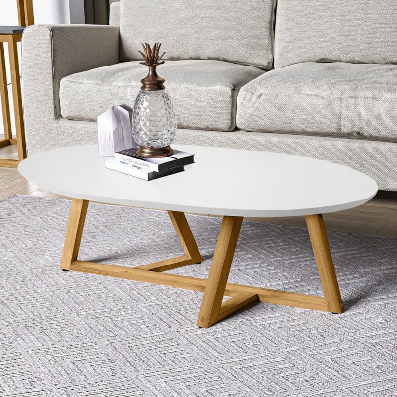 Mesa de Centro Sala Recepção Consultório Oval Branca Pés Madeira Maciça - Decora Móveis Online