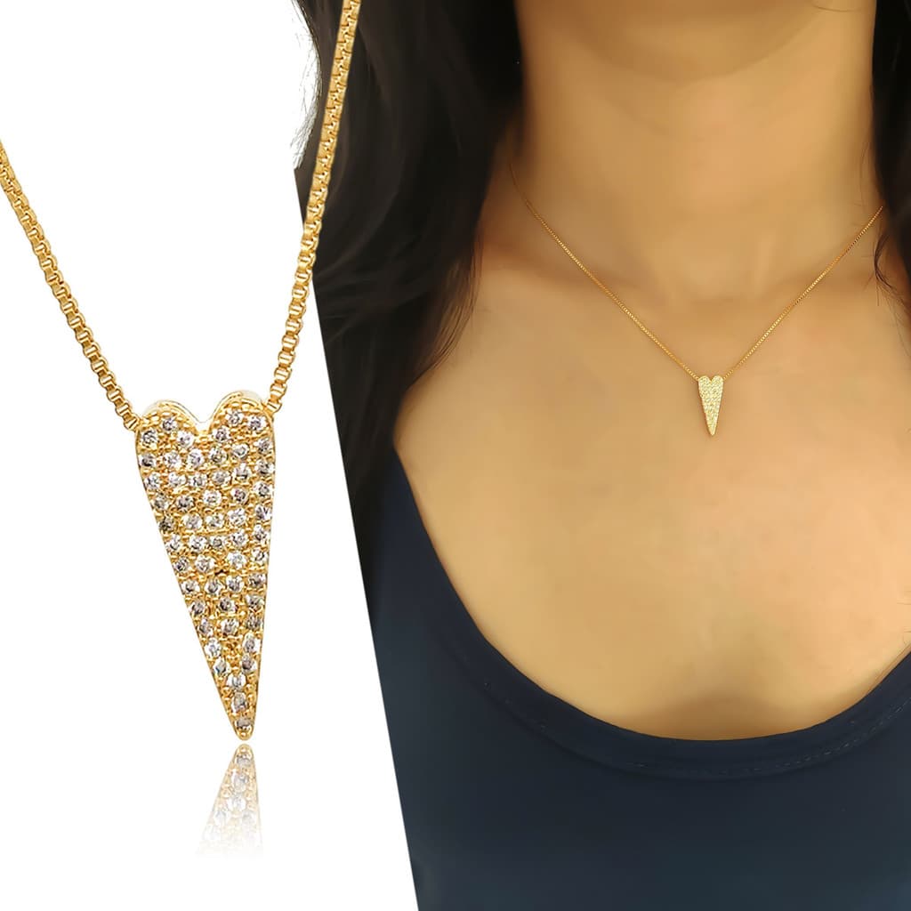 Colar Feminino Coração Cravejado Folheado Lançamento