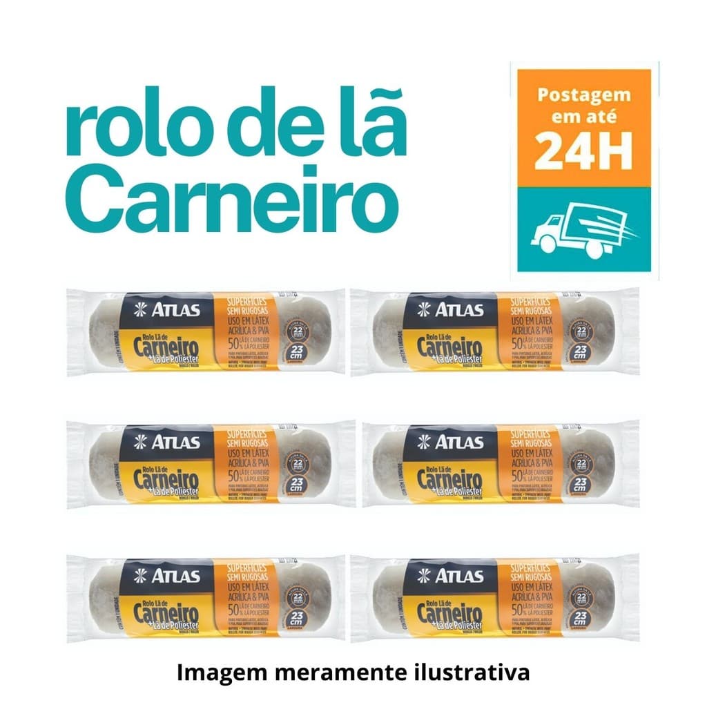 Kit Rolo de Lã de Carneiro e Poliéster para Pintura 23cm 6 Unidades Atlas