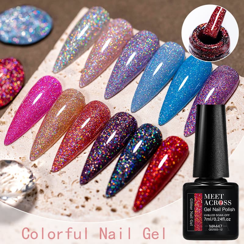 MEET ACROSS Esmalte Em Gel Colorido Glitter Vermelho Azul Brilho Semi Permanente UV Nail Art 7ml