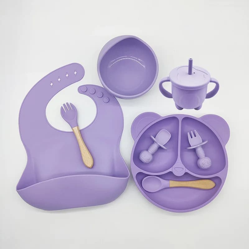 Kit Alimentação Bebê Silicone Prato Ventosa Babador Copo Colher Garfo Livre BPA Infantil