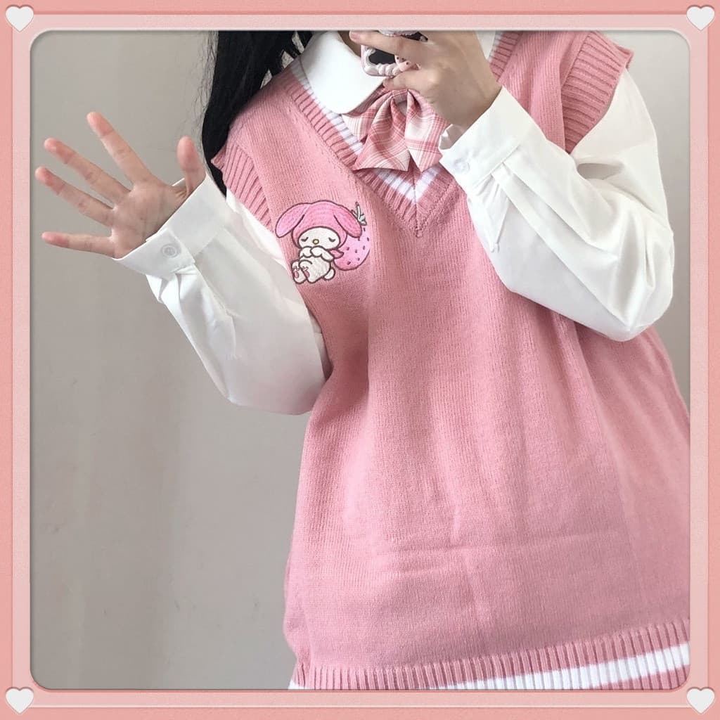 Blusa Feminina de Outono Inverno Nova Solta com Decote em V Completa Dupla Face Sanrio Kuromi Cinnamoroll