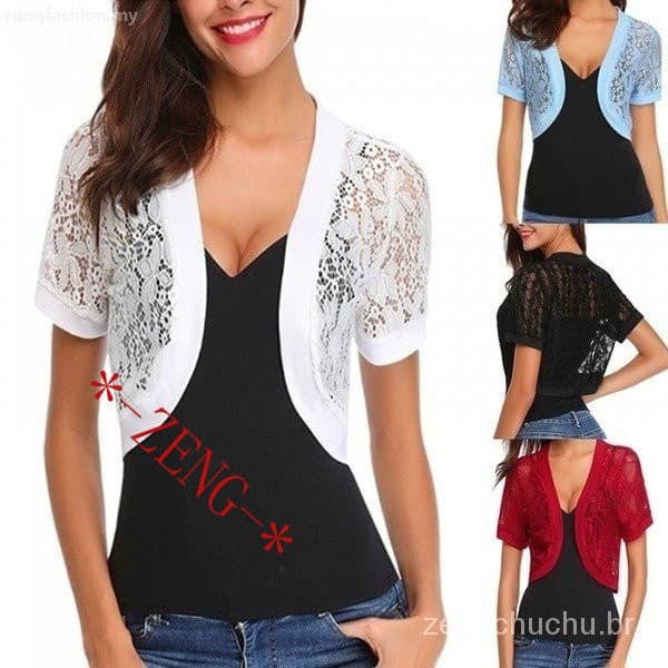 ZBAO Cardigã Bolero Floral de Manga Curta para Mulheres com Renda e Frente Aberta 6571 ZIAW