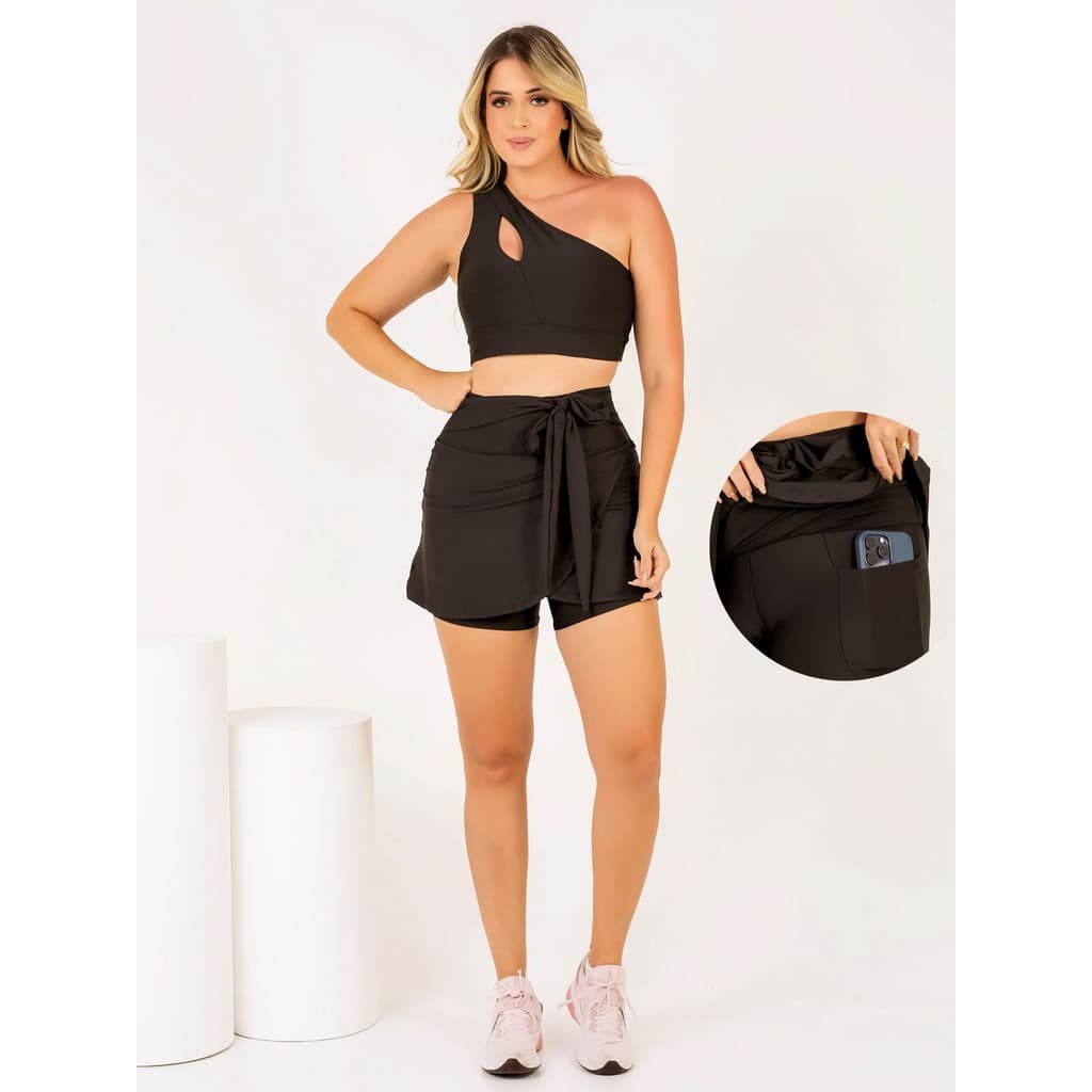 Conjunto Short Com Saia Laço Com Bolso Fitness Feminina Top Cropped Academia Moda Evangélica Caminhada Treino Corrida